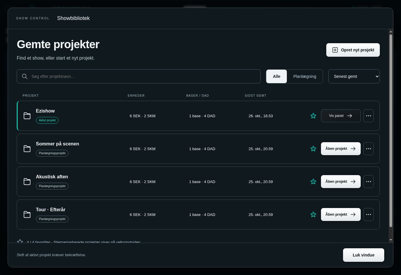 Show library with saved projects and favourites.